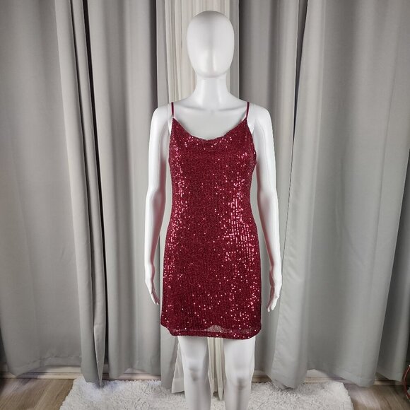 Bebop Red Sequin Spaghetti Strap Scoop Neck Mini Dress Party Glam Size Small - Picture 2 of 12